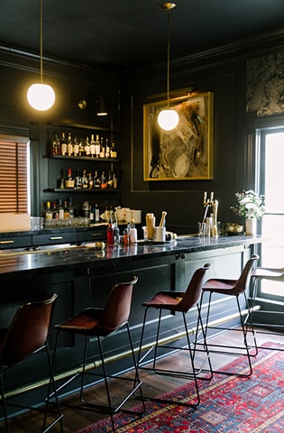 Stylish modern bar interior with chic seating and ambient lighting