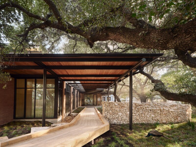 Modern building with wooden walkway and overhanging trees